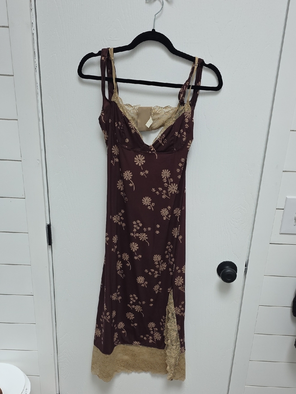Free People Brown and Beige Floral Lace Slip